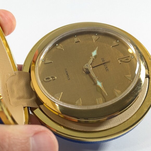 vintage mcm Deluxe travel alarm clock 7 jewels Germany round travel WORKS - Picture 10 of 14
